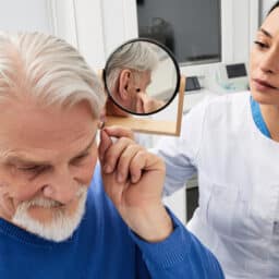 Man tries on hearing aid