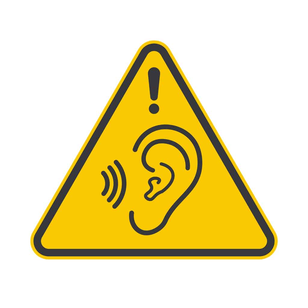 Safety triangle sign : loud noise, high decibel sound alert .