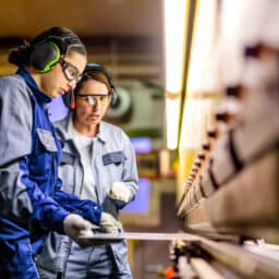 Women in safety gear use a press brake machine, working diligently in a well-lit manufacturing facility.